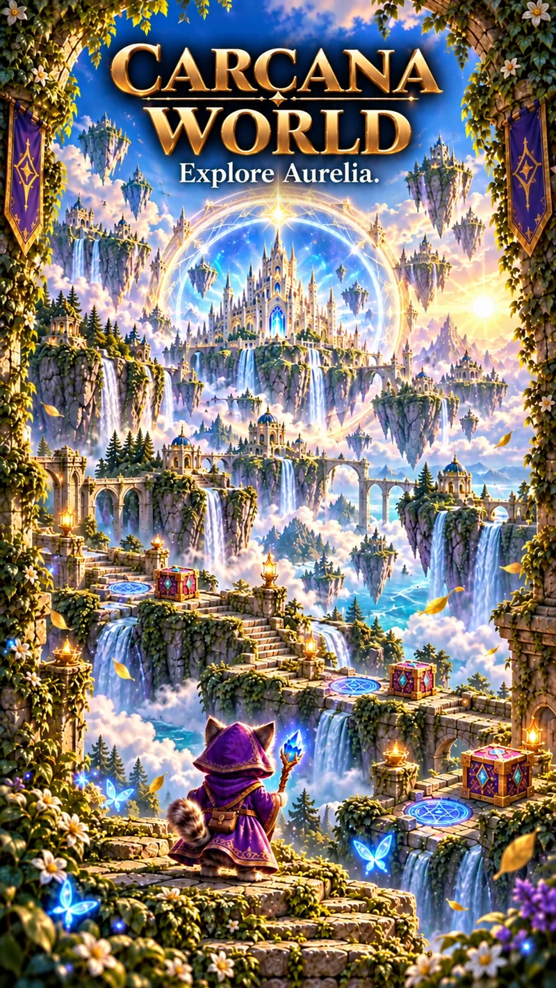 Campaign illustration of Aurelia’s floating islands and castle