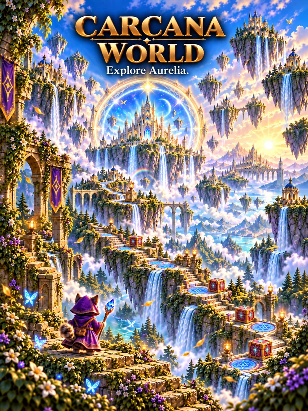Aurelia’s floating castles and glowing puzzle terraces, campaign illustration