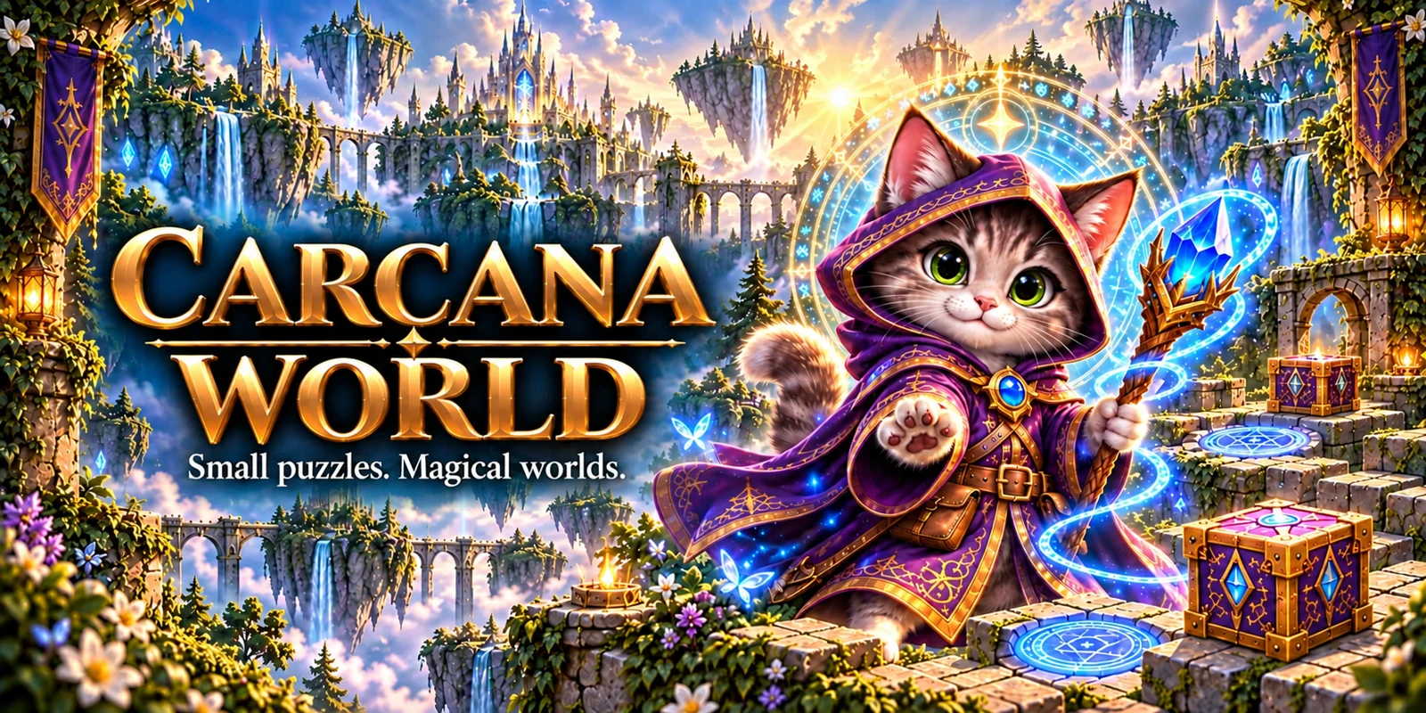 Wizard Cat with a crystal staff in Aurelia’s floating sanctuary — campaign artwork
