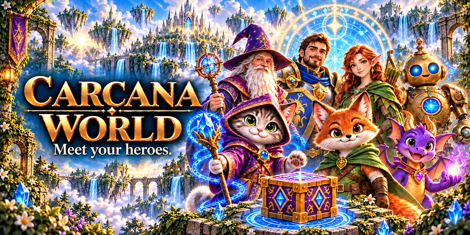 Campaign illustration of Wizard Cat, Arcane Fox, Grand Wizard, Mythic Knight, Forest Elf, Dragon Mage, and Celestial Deity